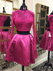 Backless Two Piece Homecoming Dress Beaded Fuchsia Lace Long Sleeves