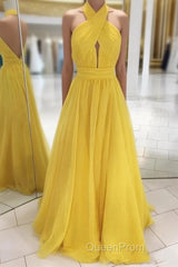 Backless Yellow Chiffon Long Evening Prom Dresses, Open Back Yellow Formal Bridesmaid Dresses