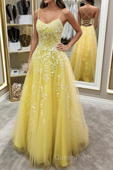 Backless Yellow Lace Long Evening Prom Dresses, Long Yellow Lace Formal Dresses, Yellow Evening Dresses