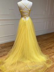 Backless Yellow Tulle Long Evening Dresses, Open Back Yellow Tulle Long Evening Prom Dresses