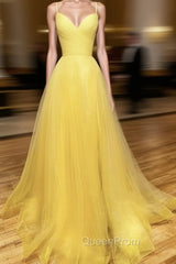 Backless Yellow Tulle Long Evening Dresses, Open Back Yellow Tulle Long Evening Prom Dresses