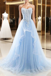 Light Blue Beaded Long Evening Prom Dresses