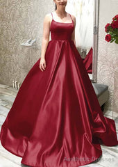 Ball Gown A-line Square Neckline Spaghetti Straps Sweep Train Satin Prom Dresses With Pleated Pockets