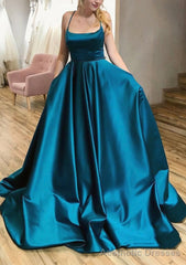 Ball Gown A-line Square Neckline Spaghetti Straps Sweep Train Satin Prom Dresses With Pleated Pockets