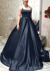 Ball Gown A-line Square Neckline Spaghetti Straps Sweep Train Satin Prom Dresses With Pleated Pockets