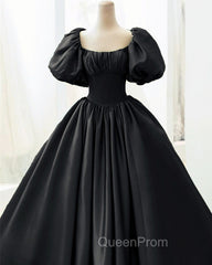 Ball Gown Black Satin Wedding Dresses Puffy Sleeves