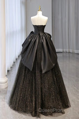 Ball Gown Black Sweetheart Neck Satin Tulle Long Evening Prom Dresses