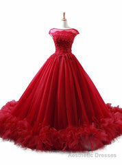 Ball Gown Burgundy Tulle Appliques Backless Wedding Dress