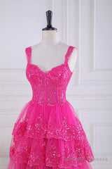 Ball Gown Corset Layered Fuchsia Prom Dresses Sweetheart Sequin