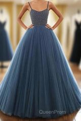 Ball Gown Deep Blue Tulle Evening Prom Dresses Evening Dresses With Beading,