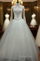 Ball-Gown Halter Beading Floor-Length Tulle Wedding Dresses