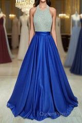 Ball Gown Jewel Floor-Length Satin Evening Dresses With Rhinestone