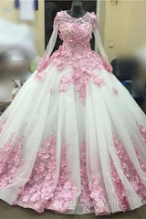Ball Gown Long Sleeve Tulle Evening Prom Flowers Wedding Dresses