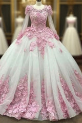 Ball Gown Long Sleeve Tulle Evening Prom Flowers Wedding Dresses