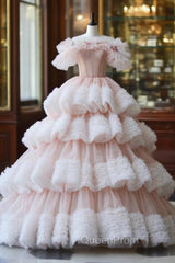Ball Gown Off Shoulder Pink Tulle Long Evening Prom Dresses, Sweet 16 Dresses
