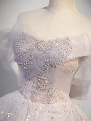 Ball Gown Off Shoulder Tulle Sequin Light Pink Long Evening Prom Dresses