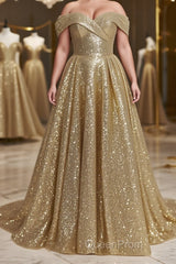 Ball Gown Off-the-Shoulder Sweep Train Sequins Evening Prom Dresses With Lace