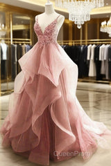 Ball Gown Pink Floor Length Sleeveless Lace Evening Prom Dresses