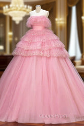 Ball Gown Pink Tulle Sequins Long Evening Prom Evening Dresses, Beautiful Pink Strapless Sweet 16 Dresses