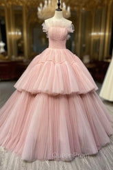 Ball Gown Pink Tulle Strapless Long Evening Prom Evening Dresses, Pink Sweet 16 Dresses