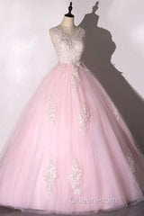 Ball Gown Pink V-Neck Evening Prom Dresses Tulle Applique Long Evening Dresses