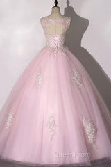 Ball Gown Pink V-Neck Evening Prom Dresses Tulle Applique Long Evening Dresses