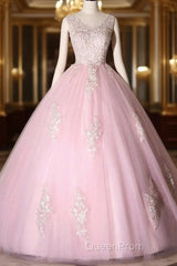 Ball Gown Pink V-Neck Evening Prom Dresses Tulle Applique Long Evening Dresses