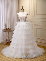 Ball-Gown/Princess Tulle White Long Evening Prom Dresses With Beading Flower Cascading Ruffles