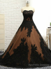 Ball Gown Prom Dresses Black Lace Appliques Prom Dress