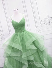 Ball Gown Evening Prom Dresses Glittering Dresses Formal Floor Length Sleeveless V Neck Tulle With Glitter Ruffles