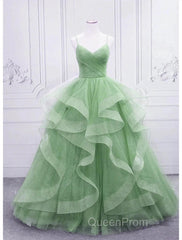 Ball Gown Evening Prom Dresses Glittering Dresses Formal Floor Length Sleeveless V Neck Tulle With Glitter Ruffles