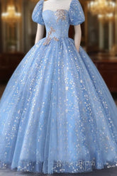 Ball Gown Quinceanera Dresses Princess Dresses Performance Sweet 16 Floor Length Short Sleeve Square Neck Polyester With Pearls Appliques