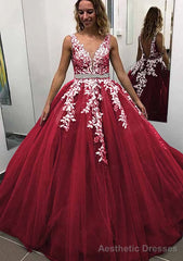 Ball Gown Sleeveless Long/Floor-Length Tulle Prom Dresses With Lace Appliqued Beading