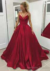 Ball Gown Sleeveless Scalloped Neck Sweep Train Satin Prom Dresses With Pleated Pockets