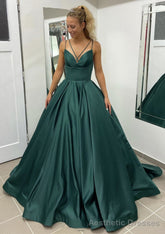Ball Gown Sleeveless Scalloped Neck Sweep Train Satin Prom Dresses With Pleated Pockets