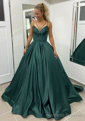 Ball Gown Sleeveless Scalloped Neck Sweep Train Satin Prom Dresses With Pleated Pockets