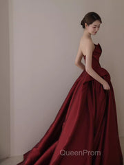 Ball Gown Strapless Burgundy Satin Evening Prom Dresses Evening Dresses