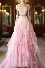 Ball Gown Strapless Tulle Long Pink Evening Prom Dresses Evening Dresses
