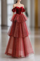 Ball Gown Strapless Tulle Long Red Evening Prom Dresses Evening Dresses