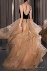Ball Gown Straps Tulle Champagne Party Dress Long Prom Dress