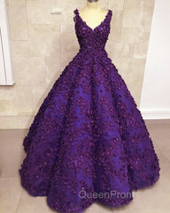 Ball Gown V Neck Dresses With 3D Lace Flowers