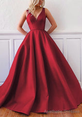 Ball Gown V Neck Sleeveless Satin Sweep Train Prom Dresses