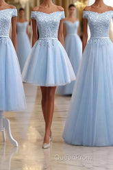 Sky Blue A Line Lace Off Shoulder Evening Prom Dresses, Lace Evening Dresses