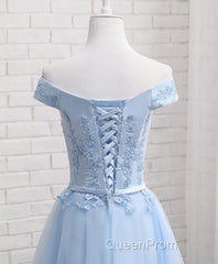Sky Blue A Line Lace Off Shoulder Evening Prom Dresses, Lace Evening Dresses