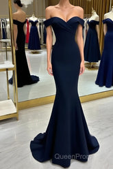 Long Navy Evening Prom Dresses Mermaid Off-the-Shoulder Sweetheart Sleeveless