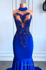Royal Blue High Neck Sleeveless Mermaid Evening Prom Dresses with Beadings