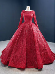 Be The Prom Queen In Red Ball Gown Sequins Long Sleeve Formal Prom Dress