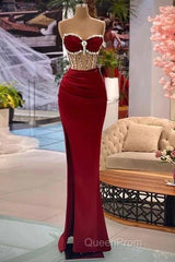 Beaded Burgundy Mermaid Evening Prom Dresses