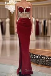Beaded Burgundy Mermaid Evening Prom Dresses