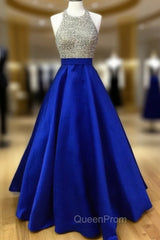 Beaded Halter Satin Ball Gown Evening Prom Dresses With Pockets